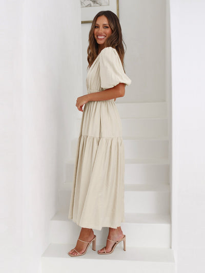 Emilia | Dames midi-jurk met V-hals, pofmouwen en gesmokte taille