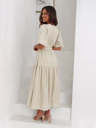 Emilia | Dames midi-jurk met V-hals, pofmouwen en gesmokte taille