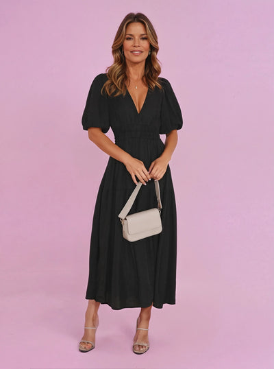 Emilia | Dames midi-jurk met V-hals, pofmouwen en gesmokte taille