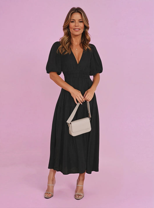 Emilia | Dames midi-jurk met V-hals, pofmouwen en gesmokte taille