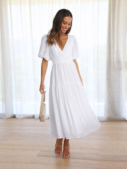 Emilia | Dames midi-jurk met V-hals, pofmouwen en gesmokte taille