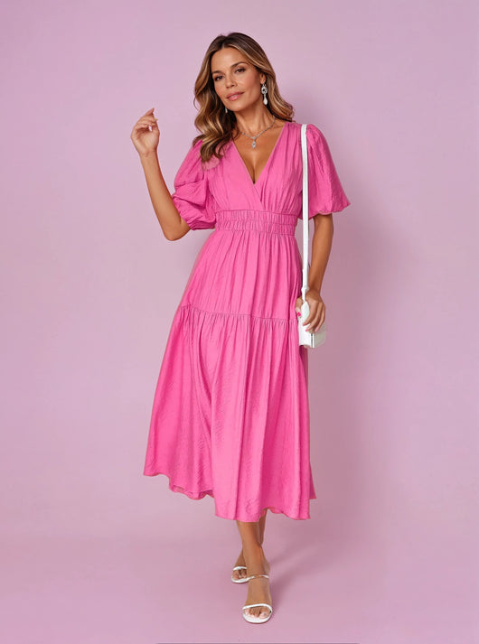 Emilia | Dames midi-jurk met V-hals, pofmouwen en gesmokte taille