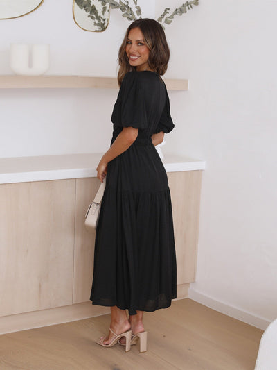 Emilia | Dames midi-jurk met V-hals, pofmouwen en gesmokte taille