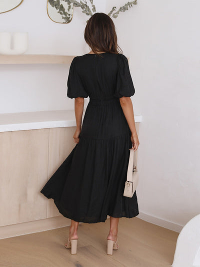 Emilia | Dames midi-jurk met V-hals, pofmouwen en gesmokte taille