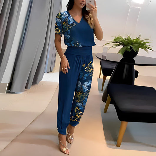 Elfriede | Dames tweedelige set met V-hals blouse met korte mouwen en wijde broek