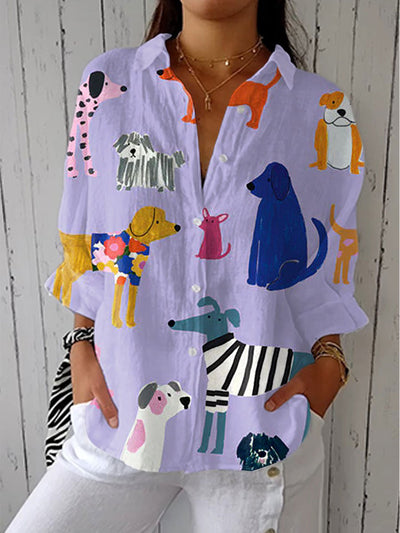 Johanna | Dames blouse met speelse hondenprint, relaxed fit en knoopsluiting