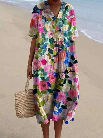 Frieda | Dames vintage zomermidijurk met aquarel bloemenprint en V-hals