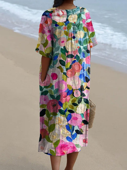 Frieda | Dames vintage zomermidijurk met aquarel bloemenprint en V-hals