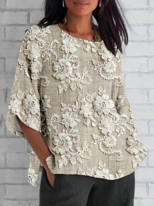 Elfriede | Dames vintage blouse met bloemenborduursel en lange mouwen
