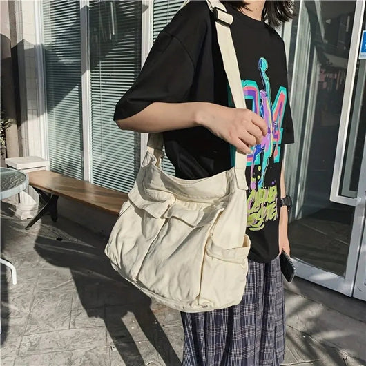 Emilia | Grote dames canvas shopper in vintagelook met zijzakken
