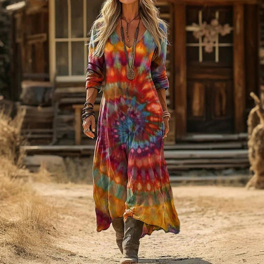 Elfriede | Vloeiende dames maxijurk met lange mouwen, V-hals en vintageprint
