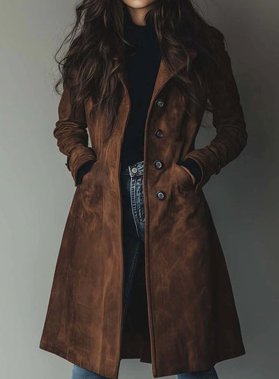 Lena | Lange dubbelrijse dames trenchcoat in vintage suèdelook