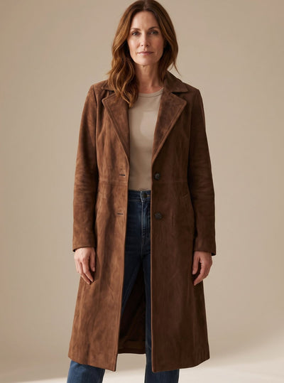 Lena | Lange dubbelrijse dames trenchcoat in vintage suèdelook