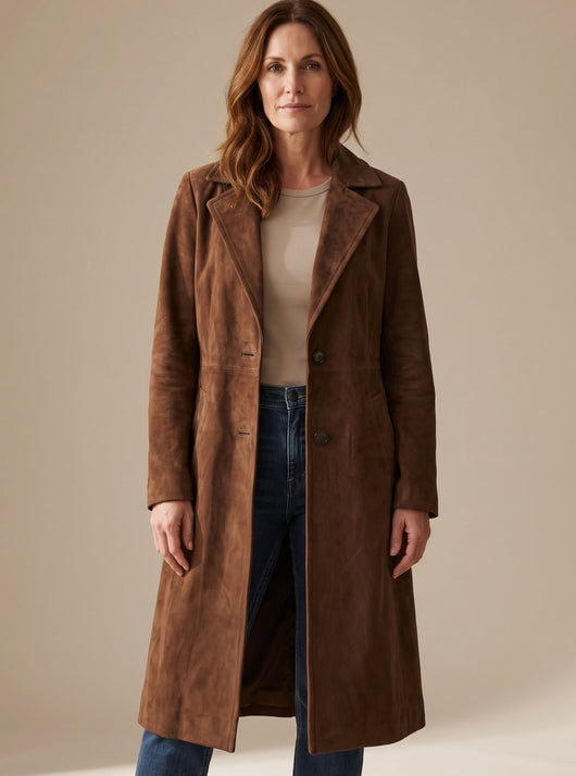 Lena | Lange dubbelrijse dames trenchcoat in vintage suèdelook