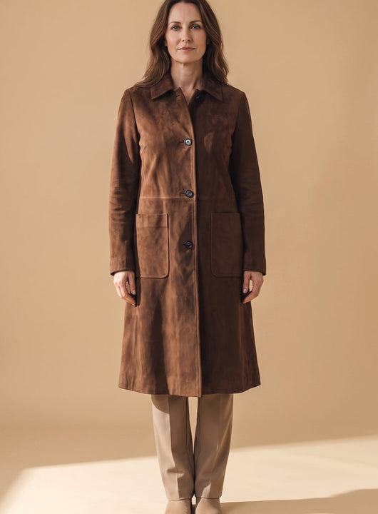 Lena | Lange dubbelrijse dames trenchcoat in vintage suèdelook