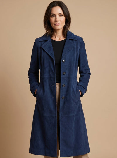 Lena | Lange dubbelrijse dames trenchcoat in vintage suèdelook