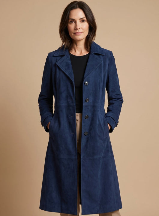 Lena | Lange dubbelrijse dames trenchcoat in vintage suèdelook