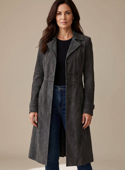 Lena | Lange dubbelrijse dames trenchcoat in vintage suèdelook