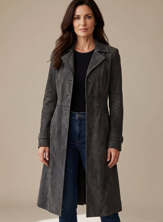 Lena | Lange dubbelrijse dames trenchcoat in vintage suèdelook