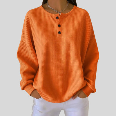 Elisabeth | Oversized dames wafelbrei henleytrui met lange mouwen