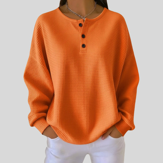 Elisabeth | Oversized dames wafelbrei henleytrui met lange mouwen