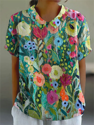 Greta | Dames blouse met aquarel-bloemenprint en korte mouwen