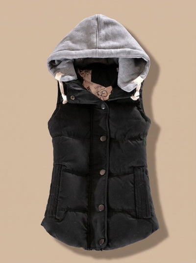 Charlotte | Gewatteerde dames bodywarmer met contrastcapuchon en drukknopen