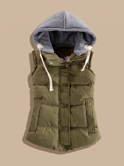 Charlotte | Gewatteerde dames bodywarmer met contrastcapuchon en drukknopen