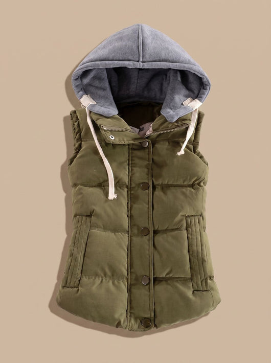 Charlotte | Gewatteerde dames bodywarmer met contrastcapuchon en drukknopen