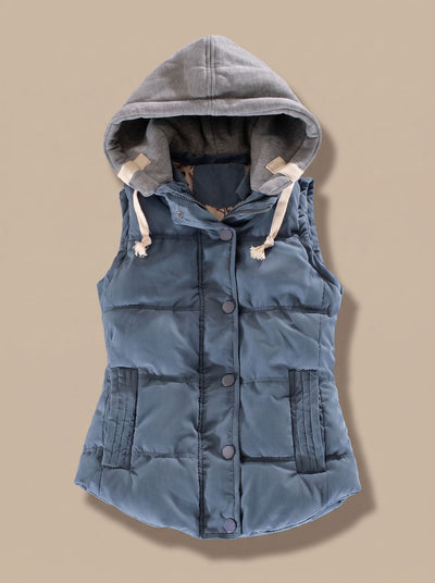 Charlotte | Gewatteerde dames bodywarmer met contrastcapuchon en drukknopen
