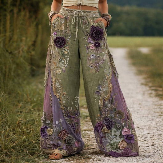 Marlene | Dames wijde broek met bloemenborduursel en koord