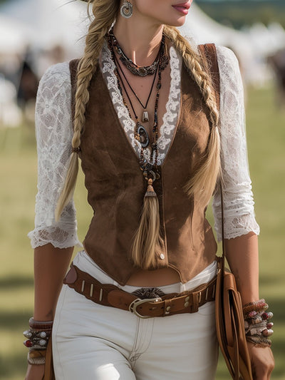 Charlotte | Dames getailleerde western kanten blouse met lange mouwen en V-hals
