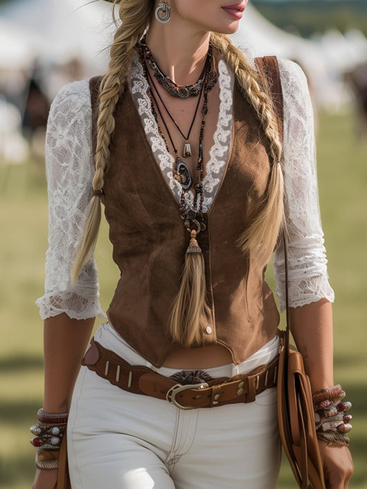 Charlotte | Dames getailleerde western kanten blouse met lange mouwen en V-hals