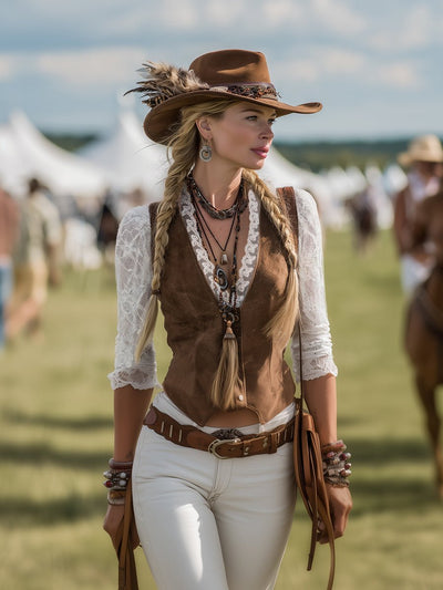 Charlotte | Dames getailleerde western kanten blouse met lange mouwen en V-hals