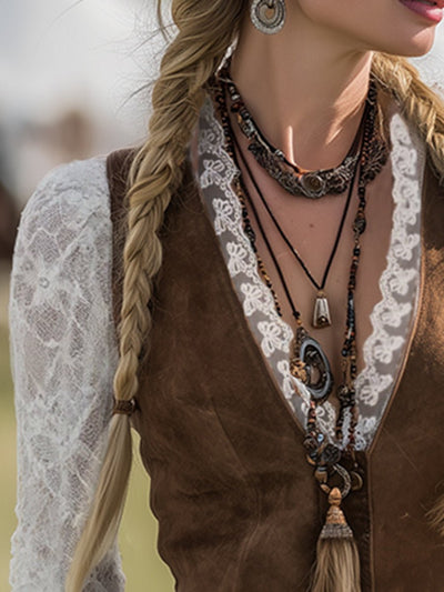 Charlotte | Dames getailleerde western kanten blouse met lange mouwen en V-hals
