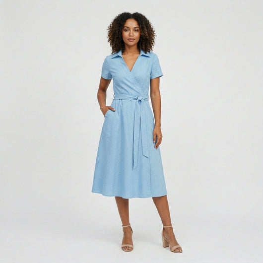 Sophie | Dames wikkel midi-jurk met V-hals, ceintuur en steekzakken