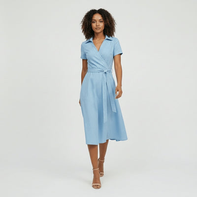 Sophie | Dames wikkel midi-jurk met V-hals, ceintuur en steekzakken
