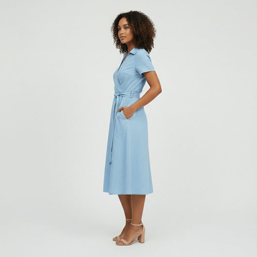 Sophie | Dames wikkel midi-jurk met V-hals, ceintuur en steekzakken