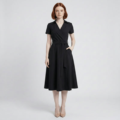 Sophie | Dames wikkel midi-jurk met V-hals, ceintuur en steekzakken