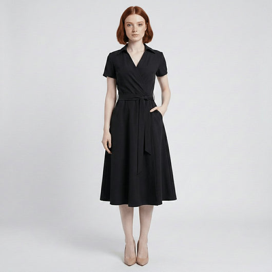 Sophie | Dames wikkel midi-jurk met V-hals, ceintuur en steekzakken