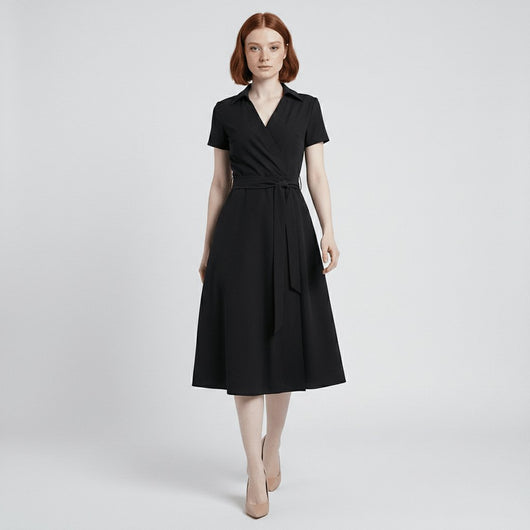Sophie | Dames wikkel midi-jurk met V-hals, ceintuur en steekzakken