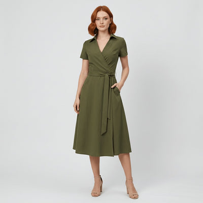 Sophie | Dames wikkel midi-jurk met V-hals, ceintuur en steekzakken