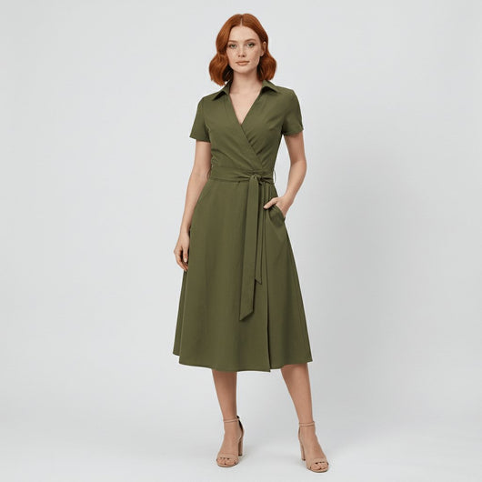 Sophie | Dames wikkel midi-jurk met V-hals, ceintuur en steekzakken