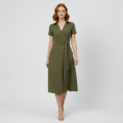 Sophie | Dames wikkel midi-jurk met V-hals, ceintuur en steekzakken