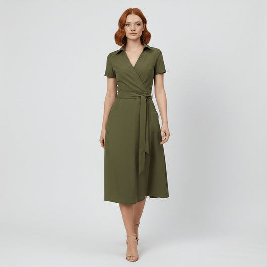 Sophie | Dames wikkel midi-jurk met V-hals, ceintuur en steekzakken