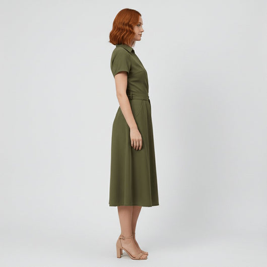 Sophie | Dames wikkel midi-jurk met V-hals, ceintuur en steekzakken