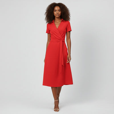 Sophie | Dames wikkel midi-jurk met V-hals, ceintuur en steekzakken