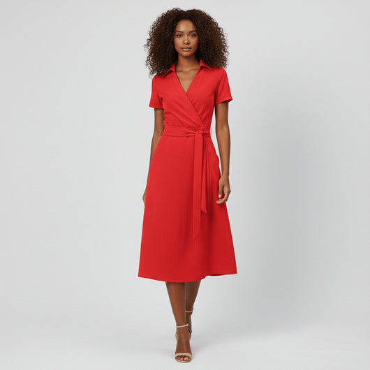 Sophie | Dames wikkel midi-jurk met V-hals, ceintuur en steekzakken
