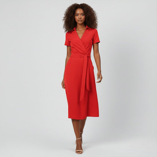 Sophie | Dames wikkel midi-jurk met V-hals, ceintuur en steekzakken