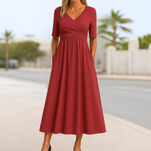 Katharina | Dames A-lijn wikkeljurk met korte mouwen en V-hals